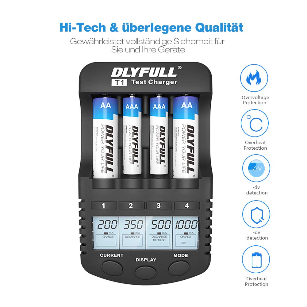 LCD Akkus Ladegerät DLYFULL Smart Charger für AA/AAA Micro/Mignon mit USB Anschluss Erhaltungsladung Einzelschachtladung 4 Modi: Aufladen, Entladen, Prüfen & Auffrischen - mit LCD Display