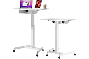 AVLT 44" Height Adjustable Foot Pedal Rolling Desk with Shelf (3 ft 8 inches) - Pneumatic Laptop Standing Desk Cart - Mobile Laptop Cart - White Computer Projector Cart with Brake Casters