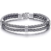 COOLSTEELANDBEYOND Grey Two-Row Braided Leather Bangle Bracelet Wristband for Mens Womens