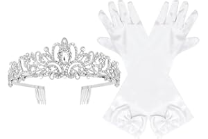 Brimekichio Tiara and Gloves for Girls Kids, Princess Crown and Long Satin Gloves for Girls Halloween Princess Accessories Kids, White
