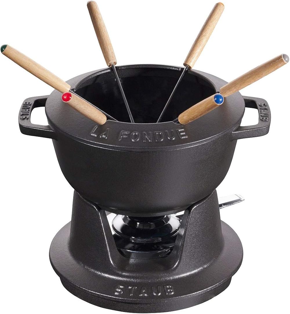 Staub Fondue Set 1.6L Cast Iron Black 18cm 6 Forks Cheese Chocolate Meat