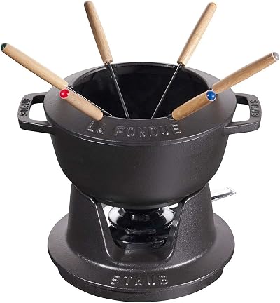Staub Fondue Set 1.6L Cast Iron Black 18cm 6 Forks Cheese Chocolate Meat