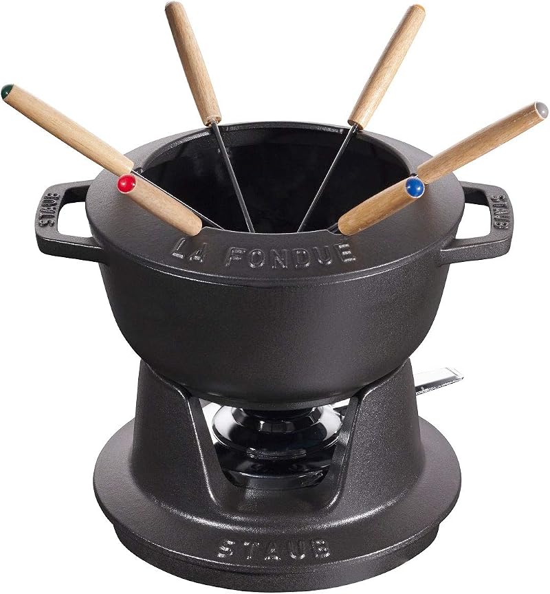 Staub Fondue Set 1.6L Cast Iron Black 18cm 6 Forks Cheese Chocolate Meat
