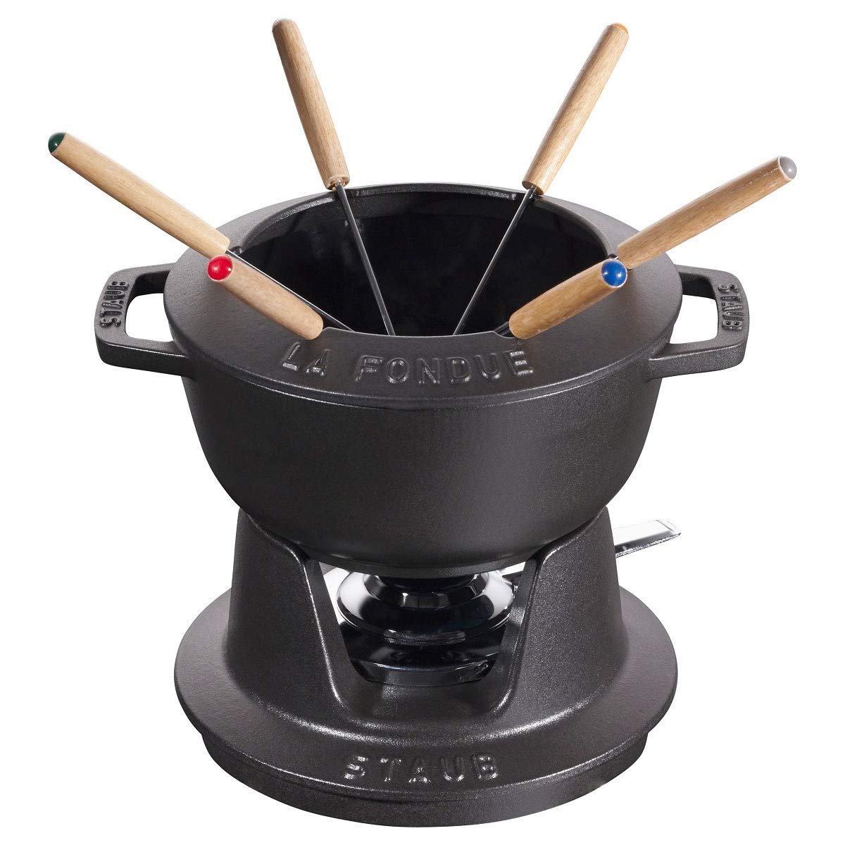 Staub Fondue Set with 6 Forks, Suitable for Cheese, Chocolate and Meat Fondue, Cast Iron, Black, 18 cm