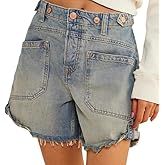 EZAPINE Women Mid Waist Jean Shorts Raw Hem Trendy Folded Hem Denim Short Jeans