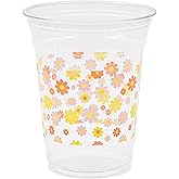 AimFun Daisy Groovy Plastic Cups Pink Orange Flower Party Cups Retro Boho Hippie Disposable Cups 60s 70s 12 oz Cold Drinking Cup for Groovy Party Supplies (50, Colorful Daisy)