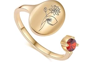 SLOONG Handmade Birth Month Flower Signet Ring 14K Gold Plated Ring Birth Stone Ring Birthday Valentine's Christmas Gift for Mom Daughter Girlfriend Wife