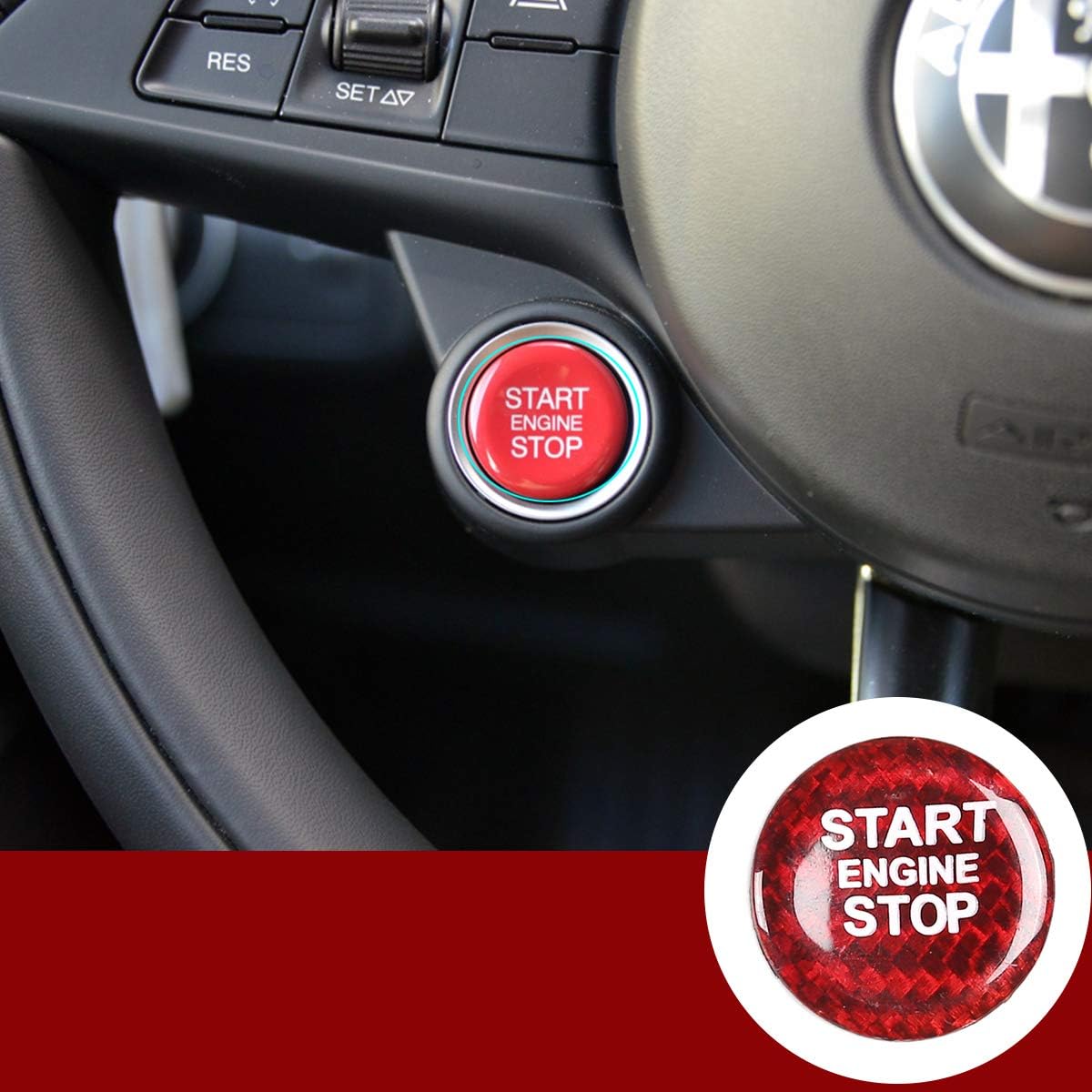 Real Carbon Fiber Car Engine Start Stop Switch Button Cover Trim for Alfa Romeo Giulia, for Alfa Romeo Stelvio (Red Real Carbon Fiber)