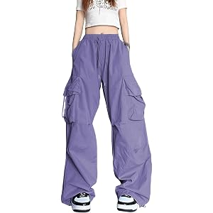 Xinor Baggy Parachute Pants Women Wide Leg Cargo Pants Y2k with Pocket Goth | Women Hip Hop Streetwear Baggy Cargo Pants Ligh