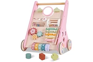 AMAZINGJOY Wooden Baby Walker Wheels,Baby Push Walker for Babies 12 Months+ Montessori,Toddler Walker Push Toy Wooden Activity Walker for Boy,Walking Toys12 Months+ Learning to Walk