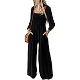 Happy Sailed Women's Long Sleeve Jumpsuits Loose Fit Overalls Square Neck Pockets High Waisted Wide Leg Pants Rompers