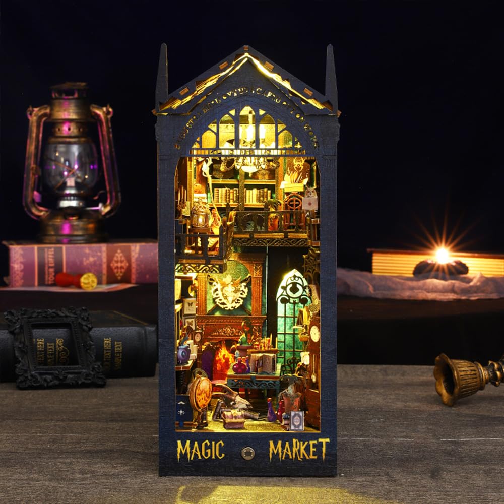 DIY Book Nook Kit, DIY Dollhouse Booknook, Library Booknook 3D Wooden Puzzle Bookends, Book Nook Miniature Kits with LED Light for Adults(JTSL-09)