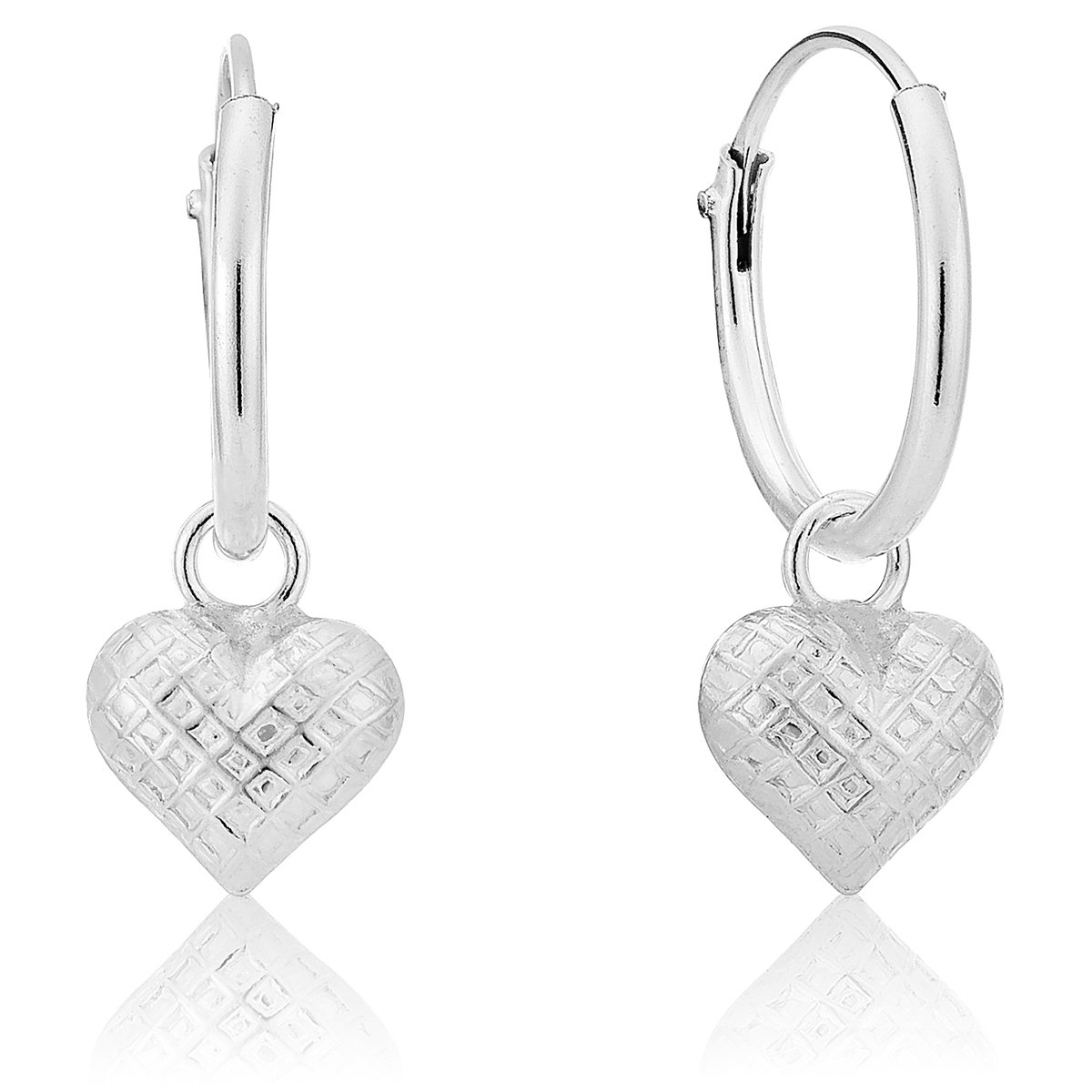 DTPSilver - 925 Sterling Silver Small Hoops Earrings and Dangling Puffed Heart