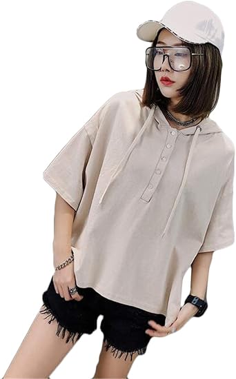 Amazon ジュンィ レディース 半袖 パーカー 無地プルオーバー トレーナー Tシャツ フード付き 通勤 通学 おしゃれ カジュアル トレーナー パーカー 通販