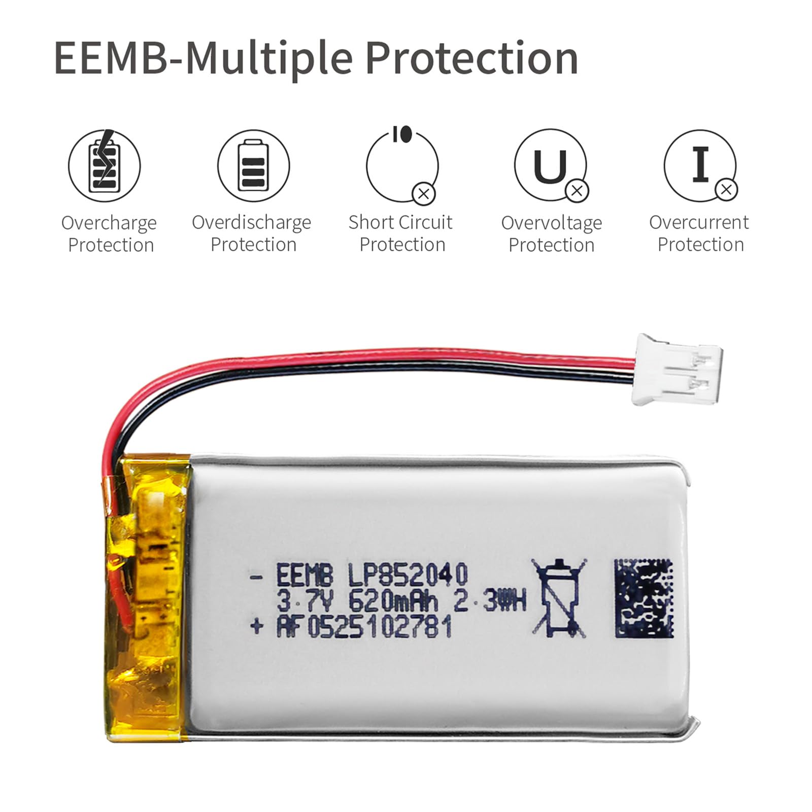 EEMB 3.7V Lipo Battery 620mAh 852040 Rechargeable Lithium Polymer Ion Battery with JST Connector Make Sure Device Polarity Matches Before Purchase!!!