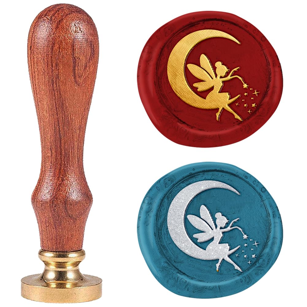 DELORIGIN Moon Fairy 1" Wax Seal Stamp Retro Sealing Stamps Removable Brass Head Seal Stamp with Wooden Handle Sealing Wax for Envelope Greeting Card Letter Wedding Invitations Gift Wrapping Decor