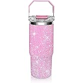 Bling Rhinestone Studded Tumbler with Top Handle, Bling Cups Stainless Steel Water Bottle Diamond Glitter Tumbler for Women - Birthday Gifts for Women, Mom,Get Well Soon Gifts (Pink)