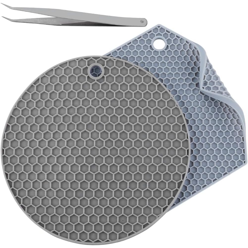 GORGECRAFT 2 Styles Silicone Doming Mat Round & Hexagon Honeycomb Trivet Mat Hot Pads Spoon Rest Resin Collector Mat Heat Resistant Synthetic Rubber Pads Kitchen Tool with Tweezer for Crafts Supplies