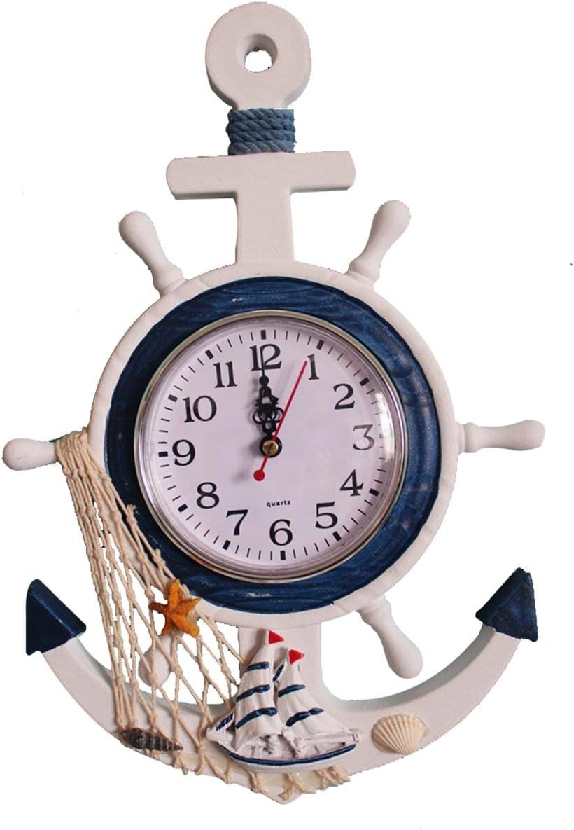 YOAI Wooden Wall Clock Mediterranean Style Anchor Clock Beach Sea Theme Nautical Ship Wheel Rudder Steering Wheel Decor Wall Hanging Decoration (starfish)