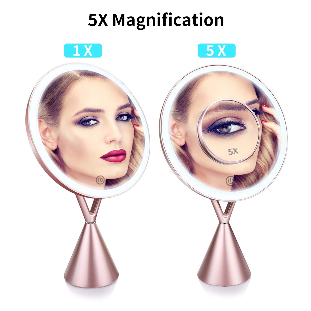 Lighted Makeup Mirror, Rechargeable 8.3 Inch Vanity 1X/5X Magnifying Mirror, 3 Color Modes Dimmable with Touch Screen (Rose Gold)