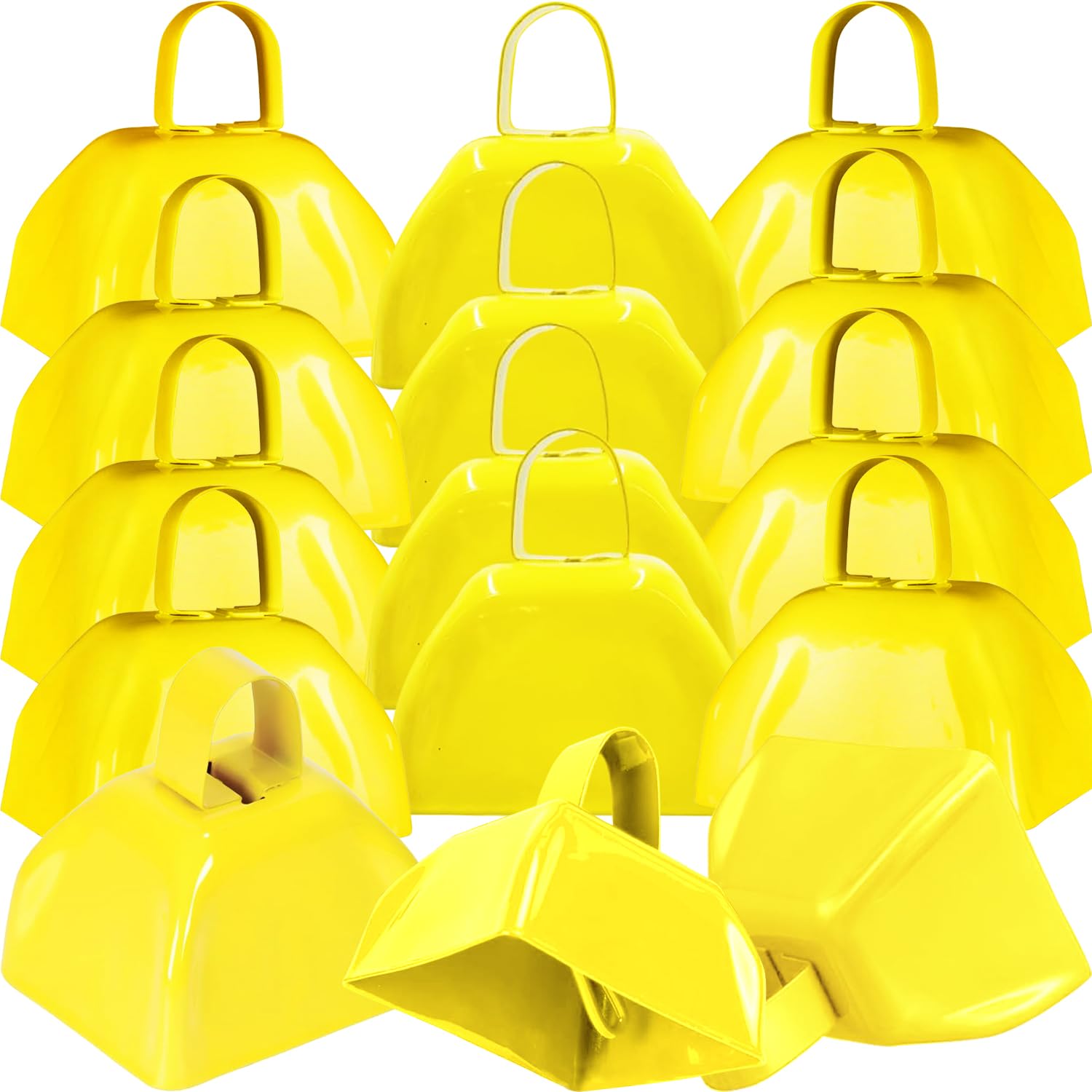 Photo 1 of 15 Pack 3 Inch Metal Cowbell Noisemaker Cheering Bell Yellow Cowbells for Sporting Events Bulk Loud Cow Bell with Handles, Small Hand Percussion Cowbells for Cheering, Football Games, Weddings