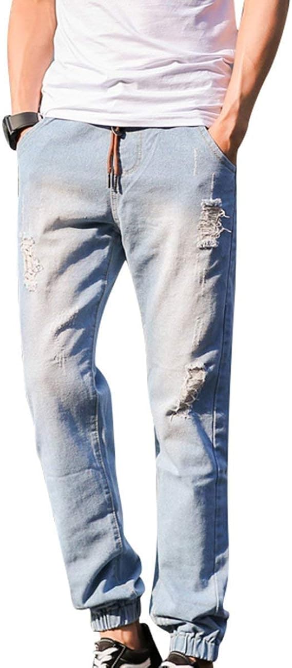 HaiDean Men's Jeans Elastic Waist Side Drawstring Torn Pockets Elastic