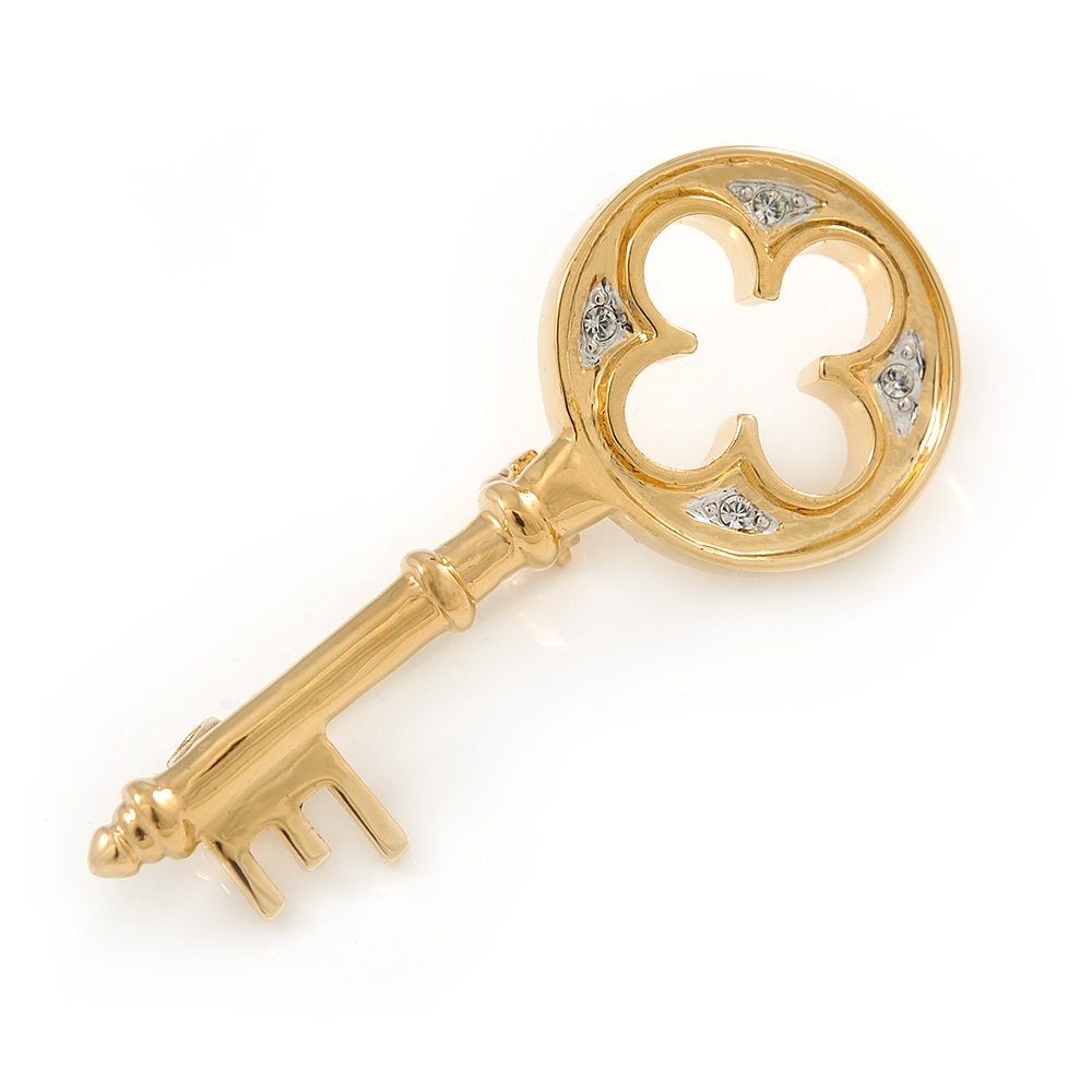Medium Gold Plated Crystal Key Brooch - 45mm L