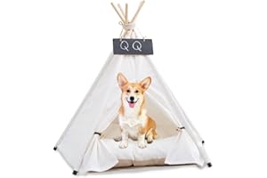 Pet Teepee with Cushion, Dog/Puppy House Cat House with Bed, Pet Tent Bed (white01)