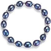 BAMIKI Real Pearl Bracelets for Women, S925 Sterling Silver Spacer Beadeds Stretch Bracelet, 8-9MM Freshwater/Saltwater Cultured Pearls Jewelry Gifts for Wife Mother, Adjustable Fit of 7-8Inch