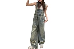 Girls Denim Overalls 2026 Y2k Wide Leg Jeans Jumpsuit Kids Bib Overall with Pockets Tween Straight Hip Hop Coverall Romper