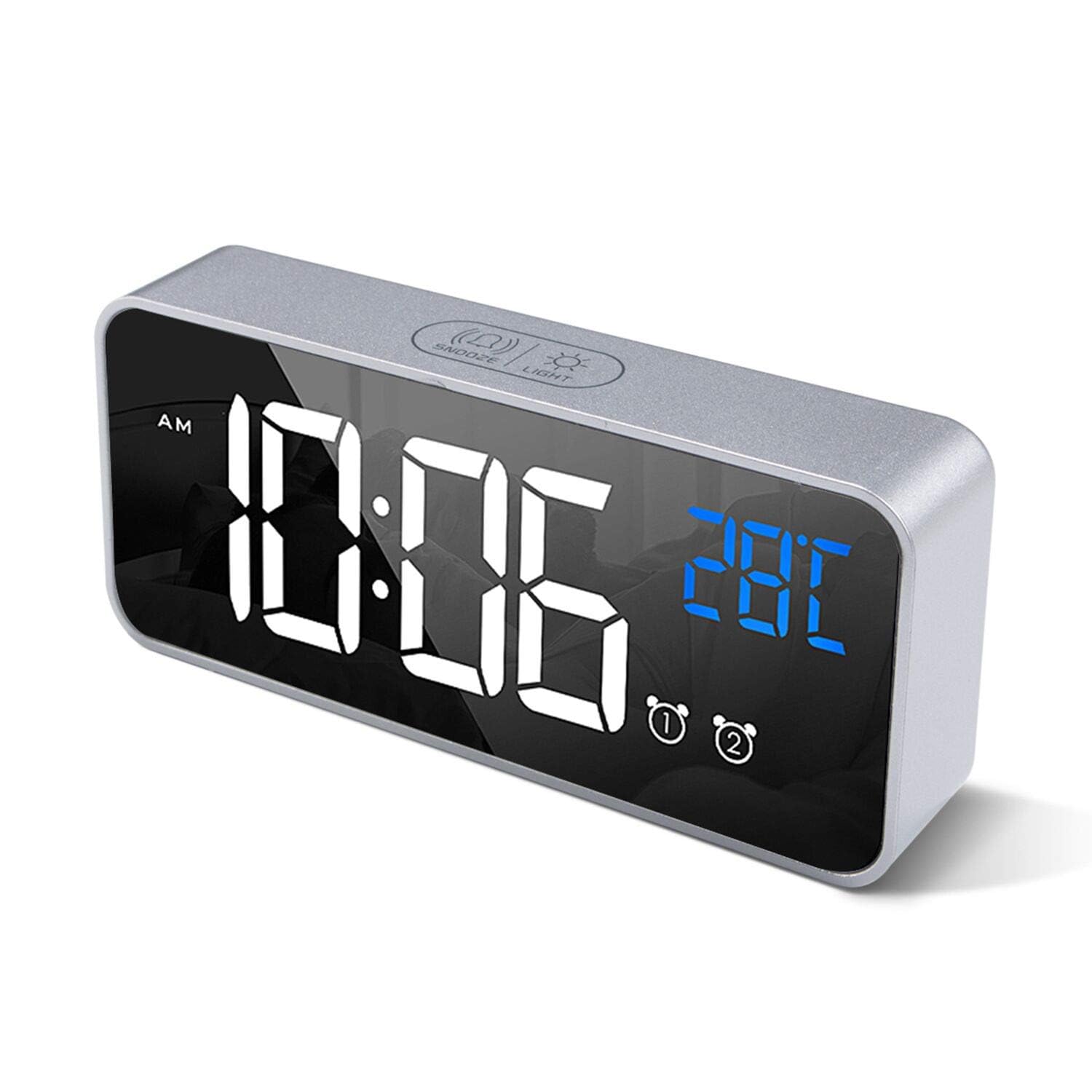 HOMVILLA Digital Alarm Clock with Big LED Temperature Display, Portable Mirror Alarm with Dual Alarm Snooze Time 4 Levels Adjustable Brightness Dimmer 10 Music USB Charging Port for Bedside, Bedroom