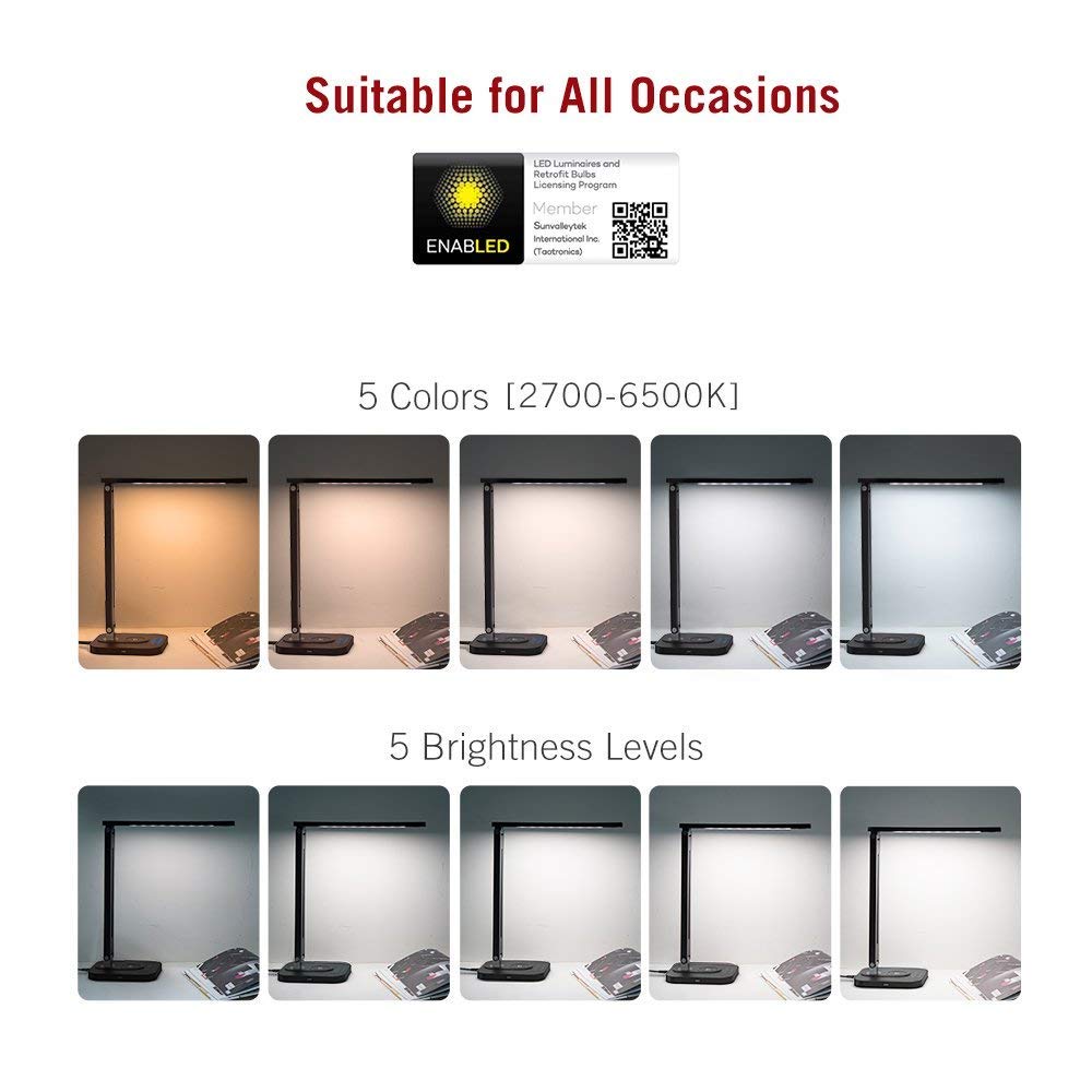 LED Desk Lamp with 10W Fast Qi Wireless Charger, Compatible with i-Phone Samsung Galaxy Phones and Note/pad, 3 Color Modes Dimmable Reading Table Lamp, Touch Control with USB Charging Port