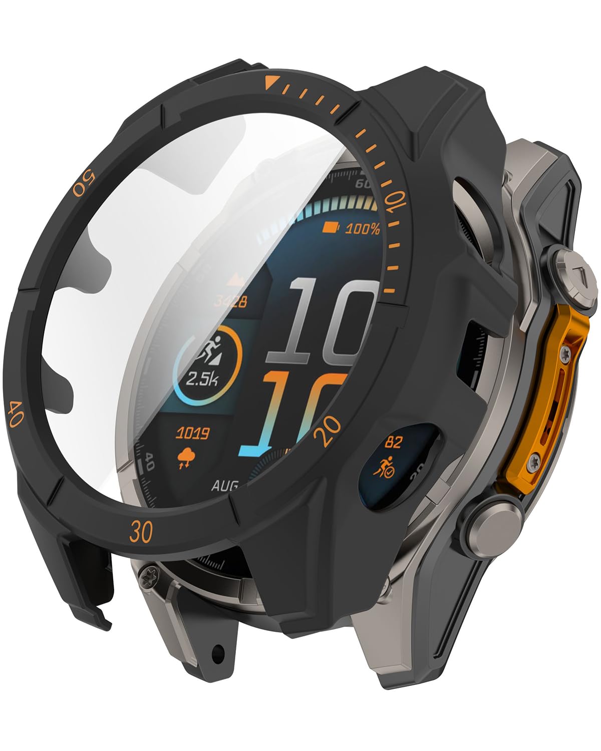 Photo 1 of Miimall Case Bumper for Garmin Fenix 8 with Ultra-Thin Tempered Glass Screen Protector, Anti-Drop, Women Men Full Face Cover Hard PC Protective Case Frame Shell for Fenix 8 51mm Solar(Black-Orange)