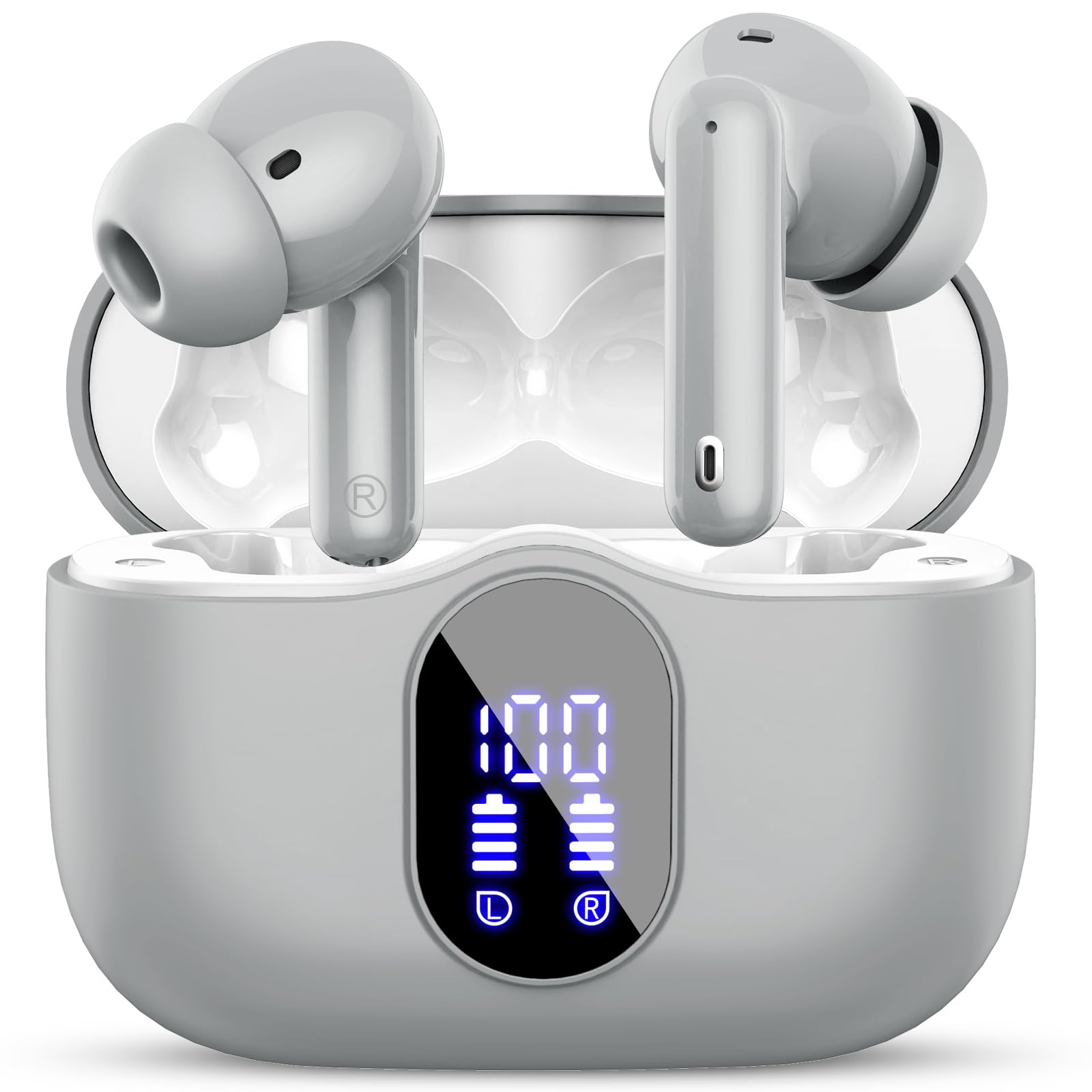 Wireless Earbuds, Bluetooth 5.4 Headphones In Ear with 4 ENC Noise Cancelling Mic, Bluetooth Earbuds Mini Deep Bass Stereo Sound, 36H Playtime LED Display Wireless Earphones IP7 Waterproof, Grey