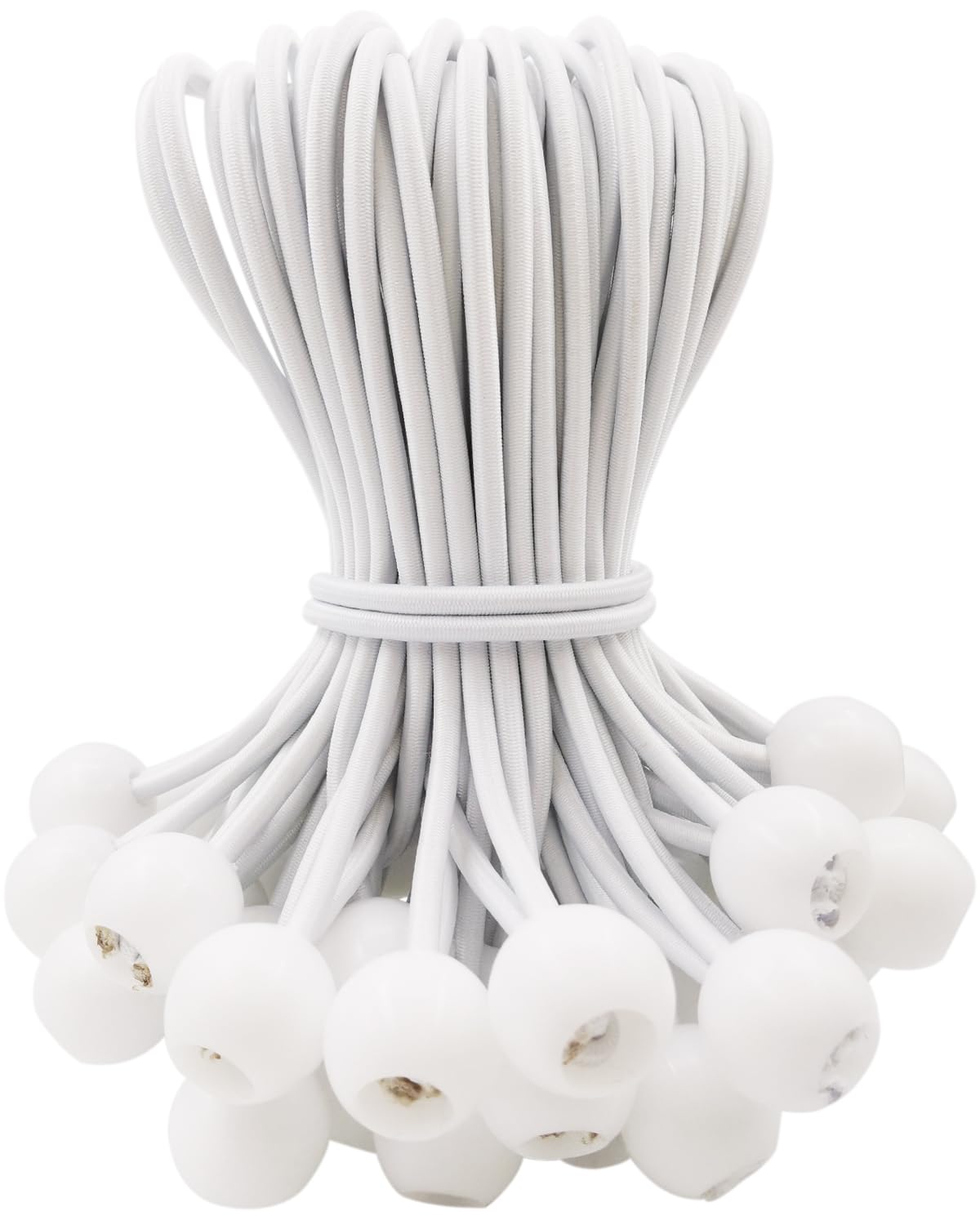 Tarpaulin Bungee Balls 6 Inch - 50 Pcs Bungee Cord with Balls Waterproof, Small Bungee Cords Heavy Duty, Short Elastic Flag Bungees, Tie-Down, Adjustable Bungee Straps (White)