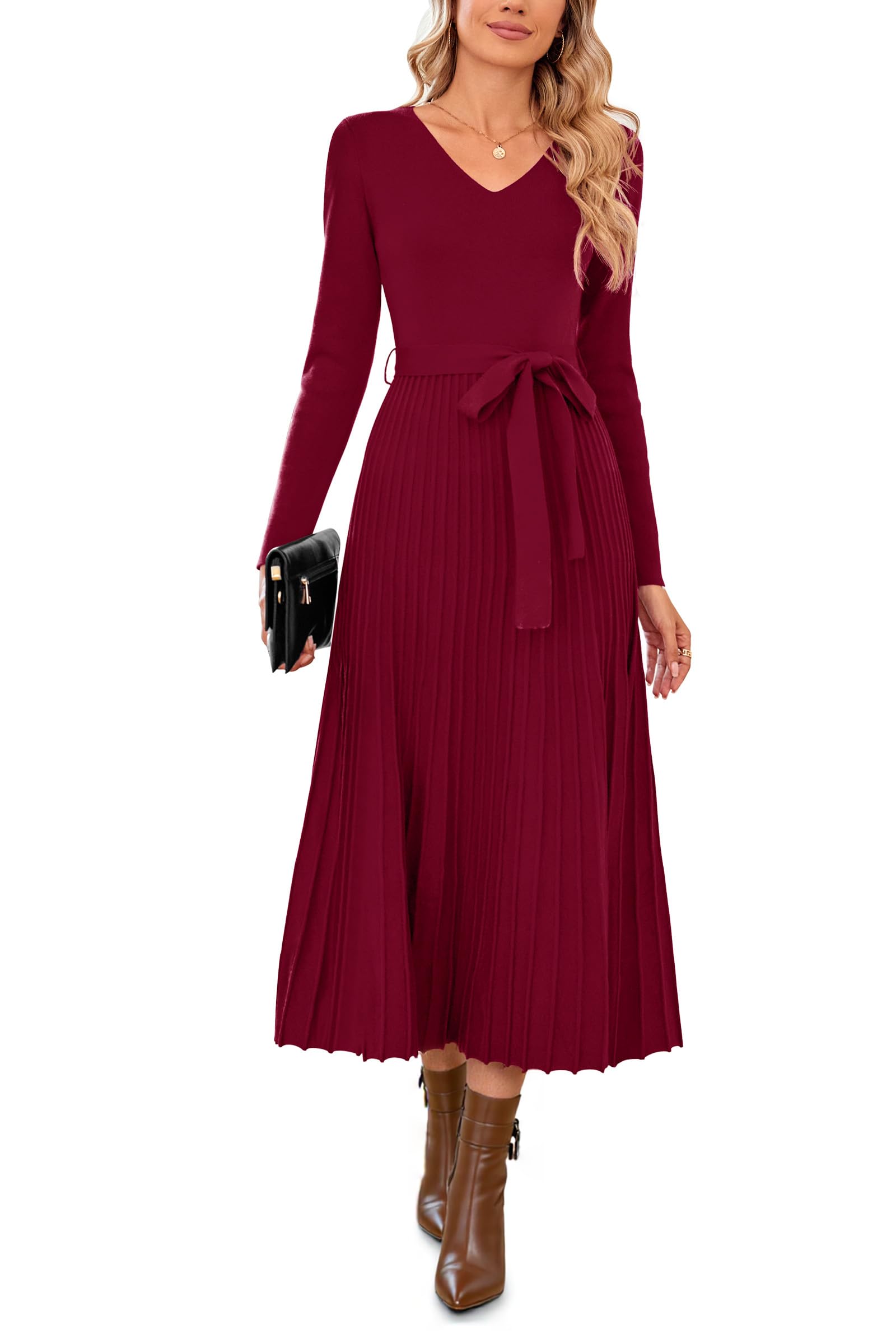 Photo 1 of Arach&Cloz Fall Winter Womens Sweater Dress 2025 Long Sleeve V Neck Cashmere Ribbed Knit Tie Waist Pleated A Line Pullover Fashion Belt Midi Clothes Red Wine