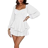Mannice Off the Shoulder Rompers for Women Dressy Short/Long Sleeve Romper Ruffle Layer Back Tie Mini Short Jumpsuits