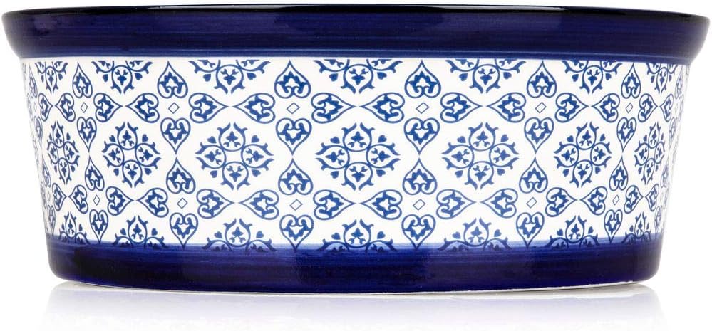 Ceramic Dog Food Bowl: Heavy Food or Water Pet Bowl Dish for Medium and Large Dogs - Individual Blue and White Porcelain Ceramic Drink or Feeding Dish for Pets - Medium/Large, 8.3 inches x 3.35 inches