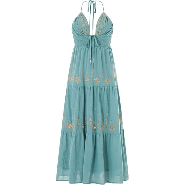 Women Summer Halter Deep V Neck Sexy Backless Flower Embroidery Maxi Dresses  (Blue, S) at Amazon Women's Clothing store