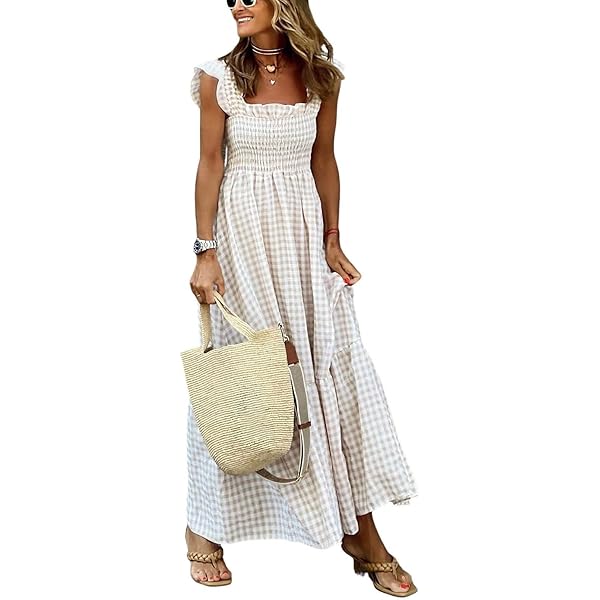 Amazon.com: Womens Gingham Maxi Dress Plaid Dresses for Women Flowy Smocked Long  Dress Pleated Checkered Preppy Dresses Beige : Clothing, Shoes & Jewelry