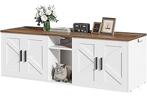 HOOBRO Double Litter Box Enclosure, Hidden Litter Box Enclosure with Corridor, Cat Litter Box Furniture with Storage Layer, Wooden Litter Box Cabinet with Hooks, White and Walnut WH15MW01