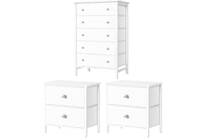 KAI-ROAD Matching Dresser and Nightstand Set 3 Piece White Chest of Drawers for Bedroom Dresser with 5 Fabric Drawer Modern