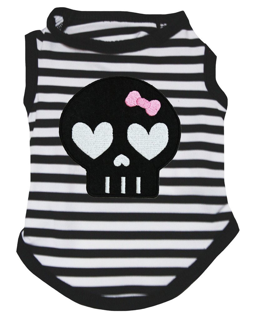 Petitebelle Black Skull Face Puppy Dog Shirt (Stripes, Medium)
