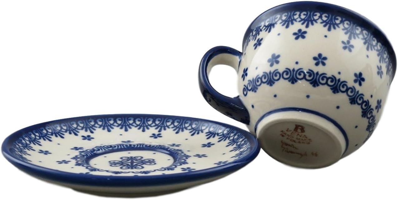 Boleslawiec Style Pottery Hand Painted Polish Ceramic Vika Cup with a saucer 033-C-008