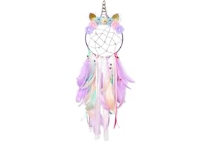 Lakshi 1Pc Unicorn Dream Catchers for Girls Room - Fluffy Feather Wall Hanging Decor, Handmade Boho Nursery Dreamcatcher with