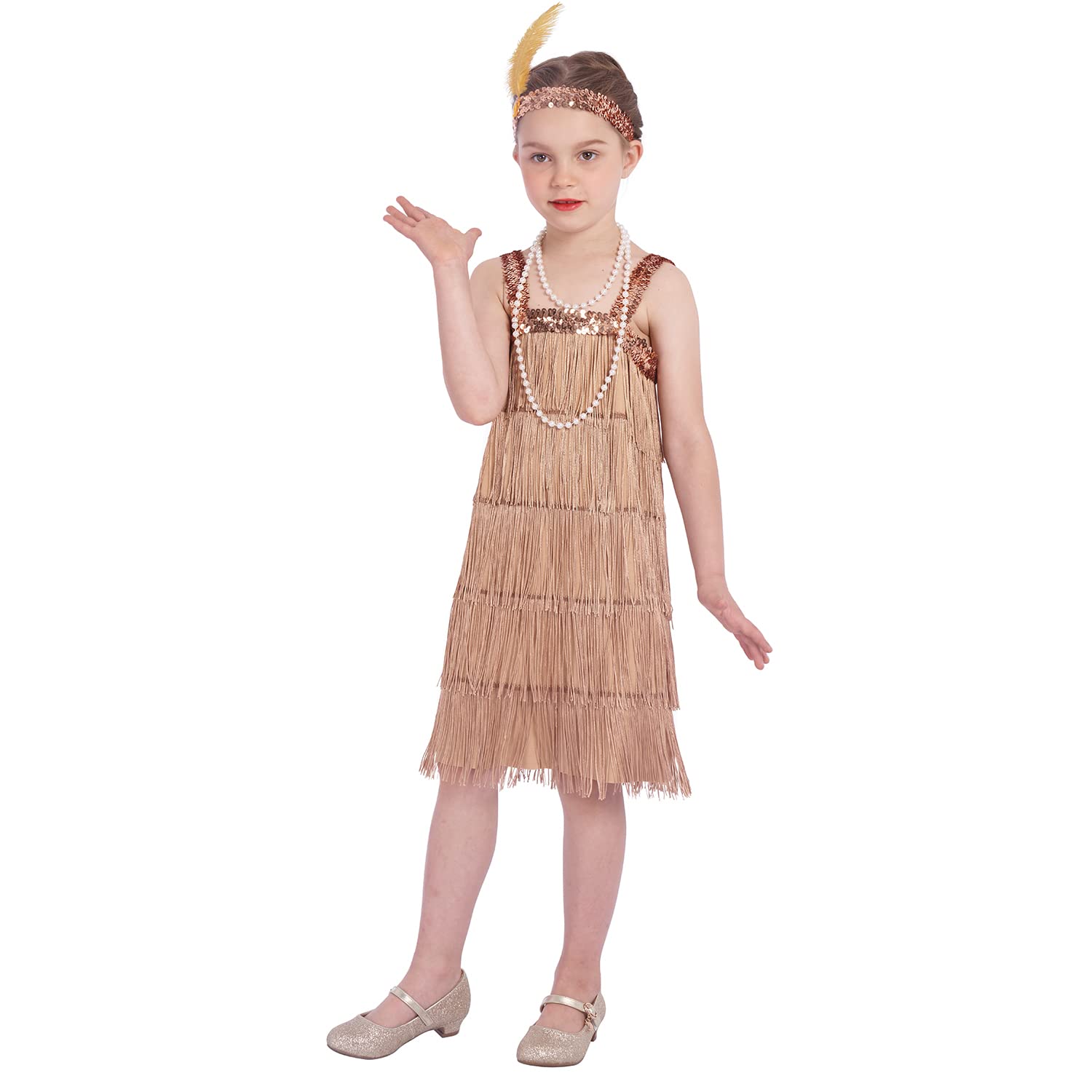Rabtero Kids Roaring the 20s Fancy Dress Costume, Girls Flapper Dress with Pearl Necklace and Feather Headband, Gangster Flapper Dress for Girls, Golden, Medium 6-8