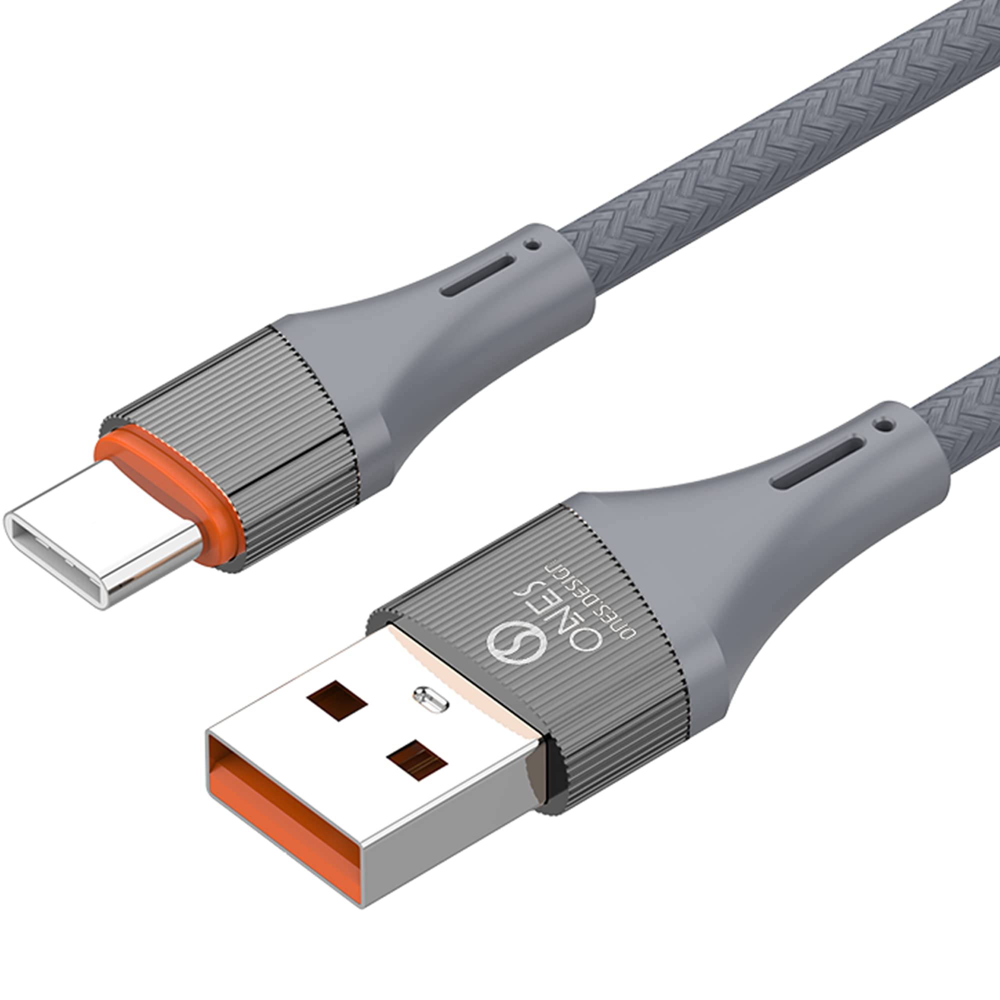 ONES 30W / 6A super fast charging cable USBC & USBA high durability aluminium alloy + high strength nylon braided wire, no signal interference, stable and harmless mini size Type C cable (1m / grey)