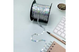 FASTELECTRIC 100 Yards Flat Spangle Paillette Sequin Trim, 6mm Wide Flat Sequin Strip Spool String Sewing Paillette String for Halloween Mermaid Dress Embellish Headband Costume (Radium Silver)