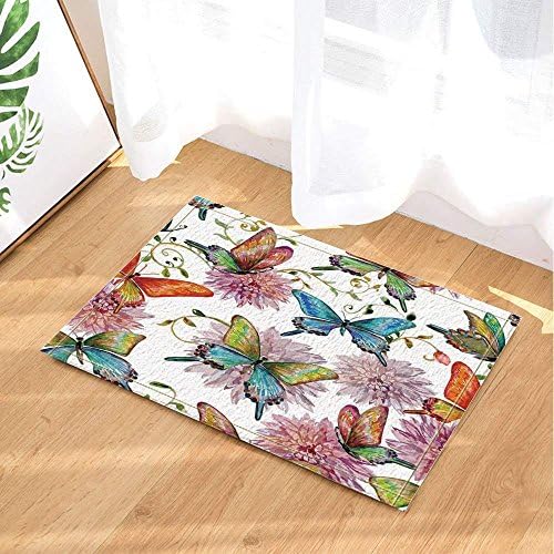 SHUHUI Oil Painting Butterflies on Watercolor Flowers Bath Rugs Non-Slip Doormat Floor Entryways Outdoor Indoor Front Door Mat Kids Bath Mat 60X40CM Bathroom Accessories