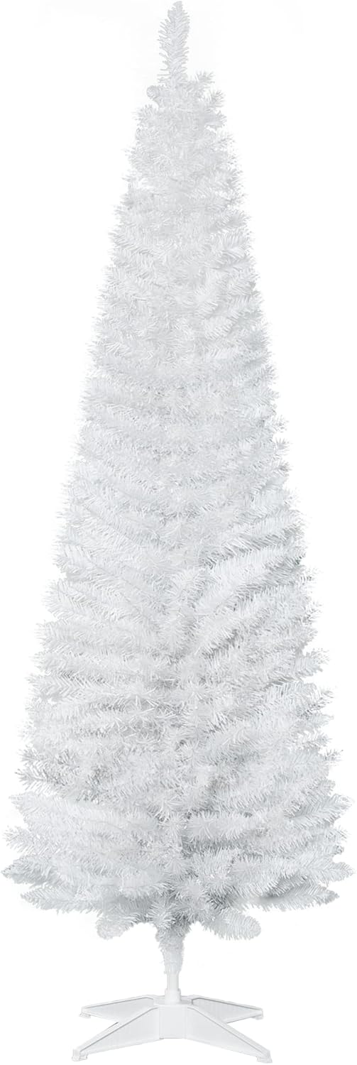 Trees - HOMCOM 6' Artificial Pencil Christmas Tree, Slim Xmas Tree with 390 Realistic Branch Tips and Plastic Stand, White